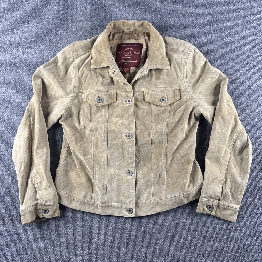Eddie Bauer Seattle Suede Brown Genuine Leather Jacket Washable Women Medium Tan - Picture 1 of 11